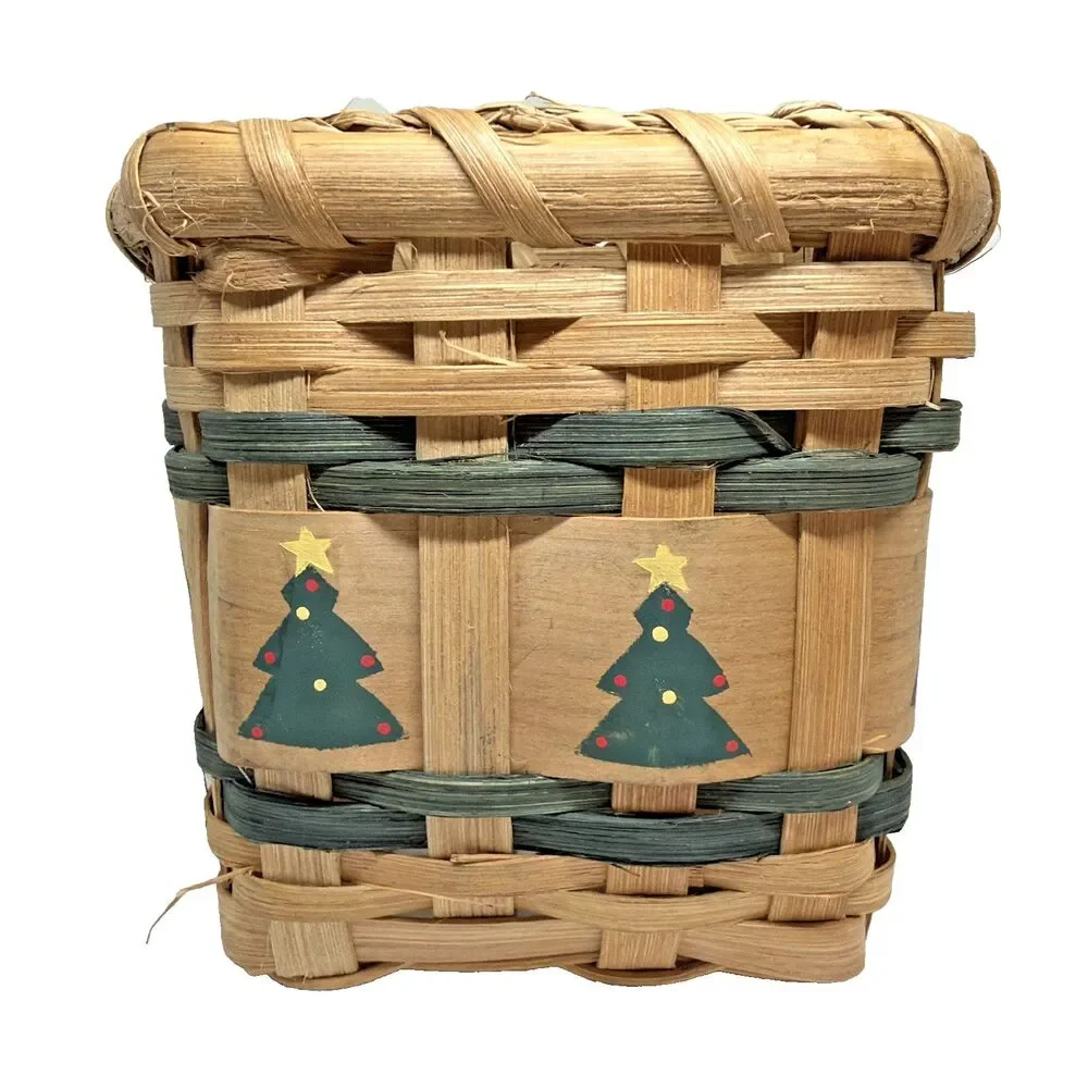 Vintage Hand-Woven Splint Wood Holiday Basket - Hand-Painted Christmas Trees